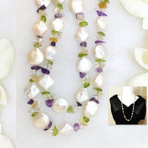 Necklace Genuine White FW Pearls Amethyst Period Citrine Gemstones Clasp 28" L